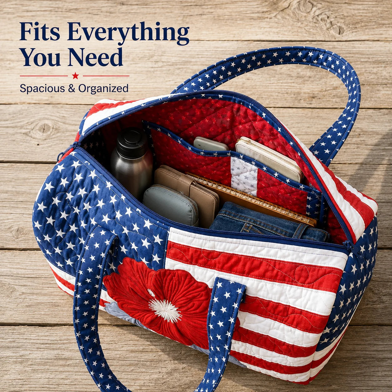 Space-Saving Patriotic Quilted Tote – Travel Duffel for Tidy Storage