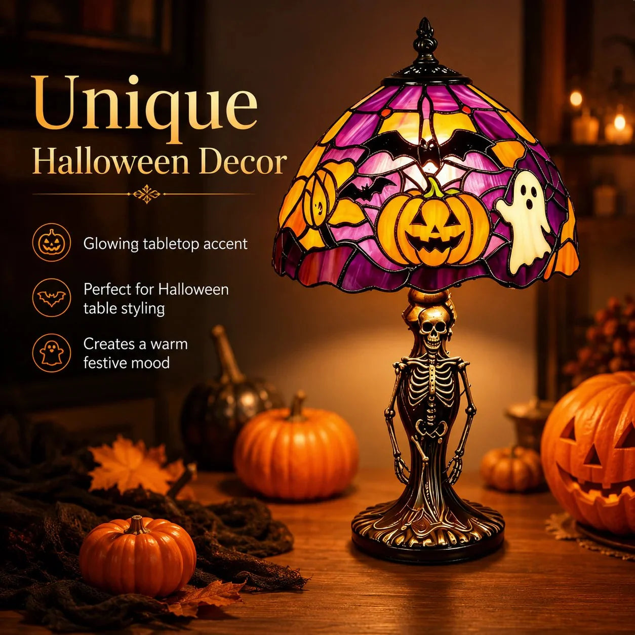 Decorative Spooky Glow Tiffany Lamp Pumpkin Ghost Bat Desk