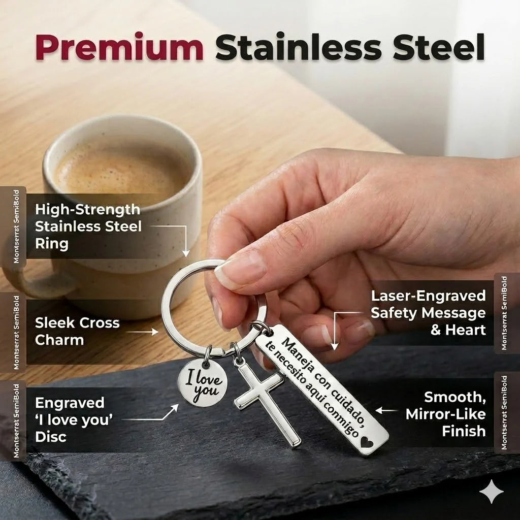 Stainless Steel Drive Safely Keychain with Cross & Spanish Love Charm
