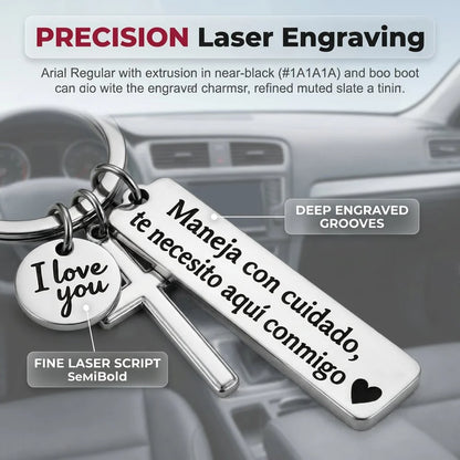 Stainless Steel Drive Safely Keychain with Cross & Spanish Love Charm