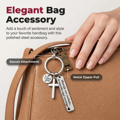 Stainless Steel Drive Safely Keychain with Cross & Spanish Love Charm