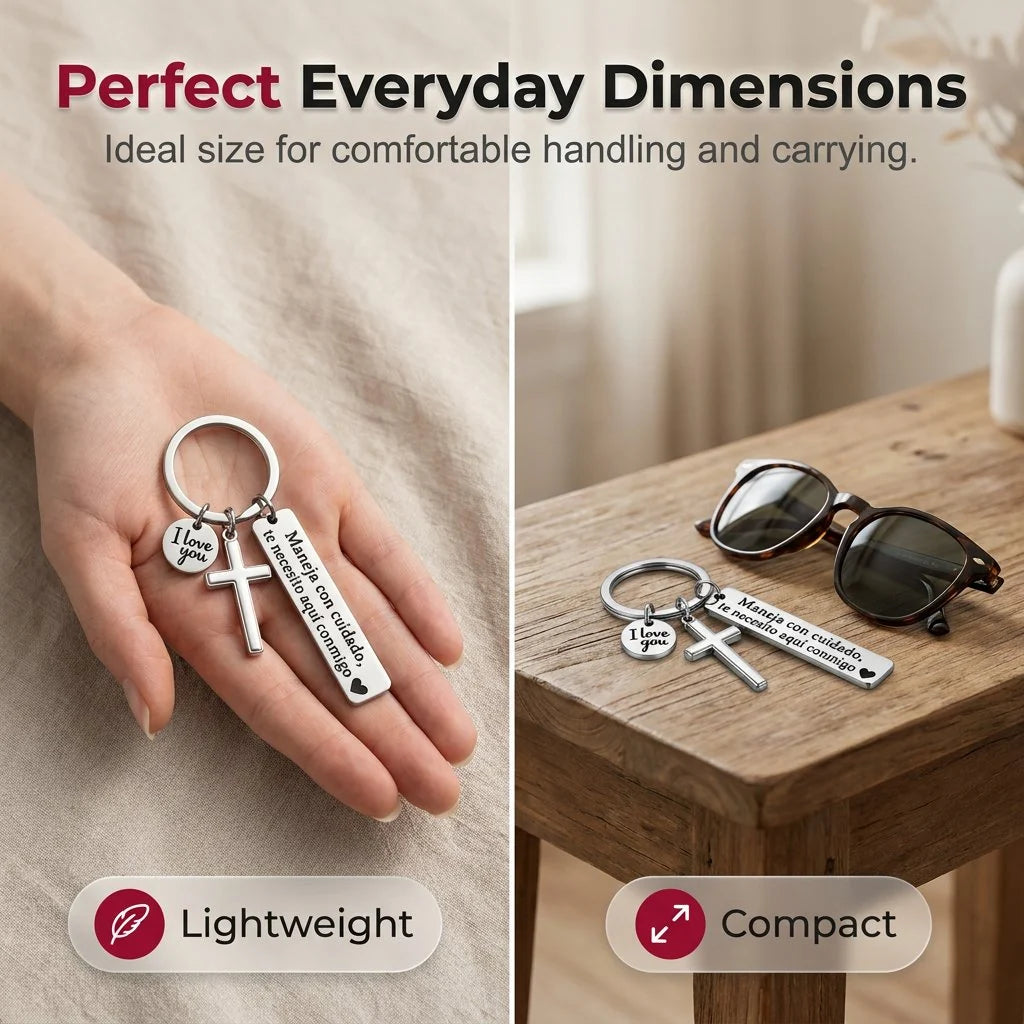 Stainless Steel Drive Safely Keychain with Cross & Spanish Love Charm