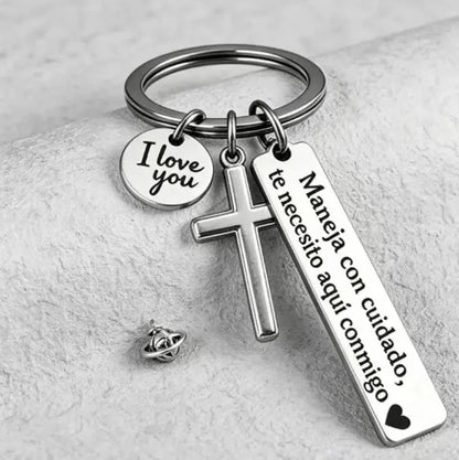 Stainless Steel Drive Safely Keychain with Cross & Spanish Love Charm