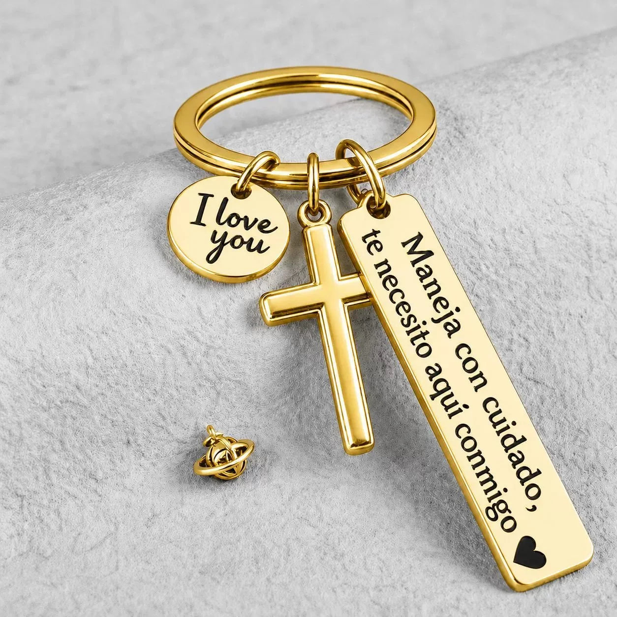 Stainless Steel Drive Safely Keychain with Cross & Spanish Love Charm
