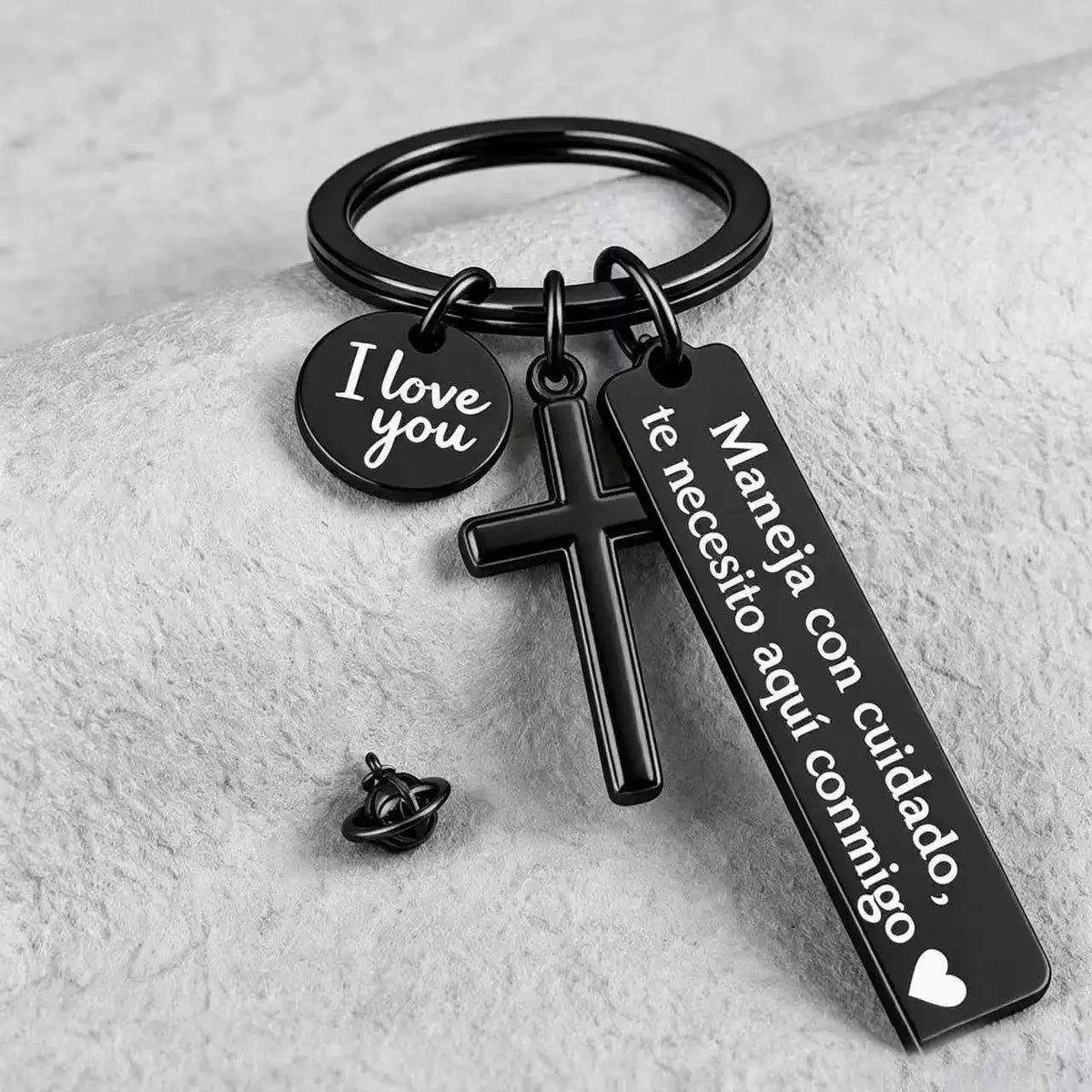 Stainless Steel Drive Safely Keychain with Cross & Spanish Love Charm