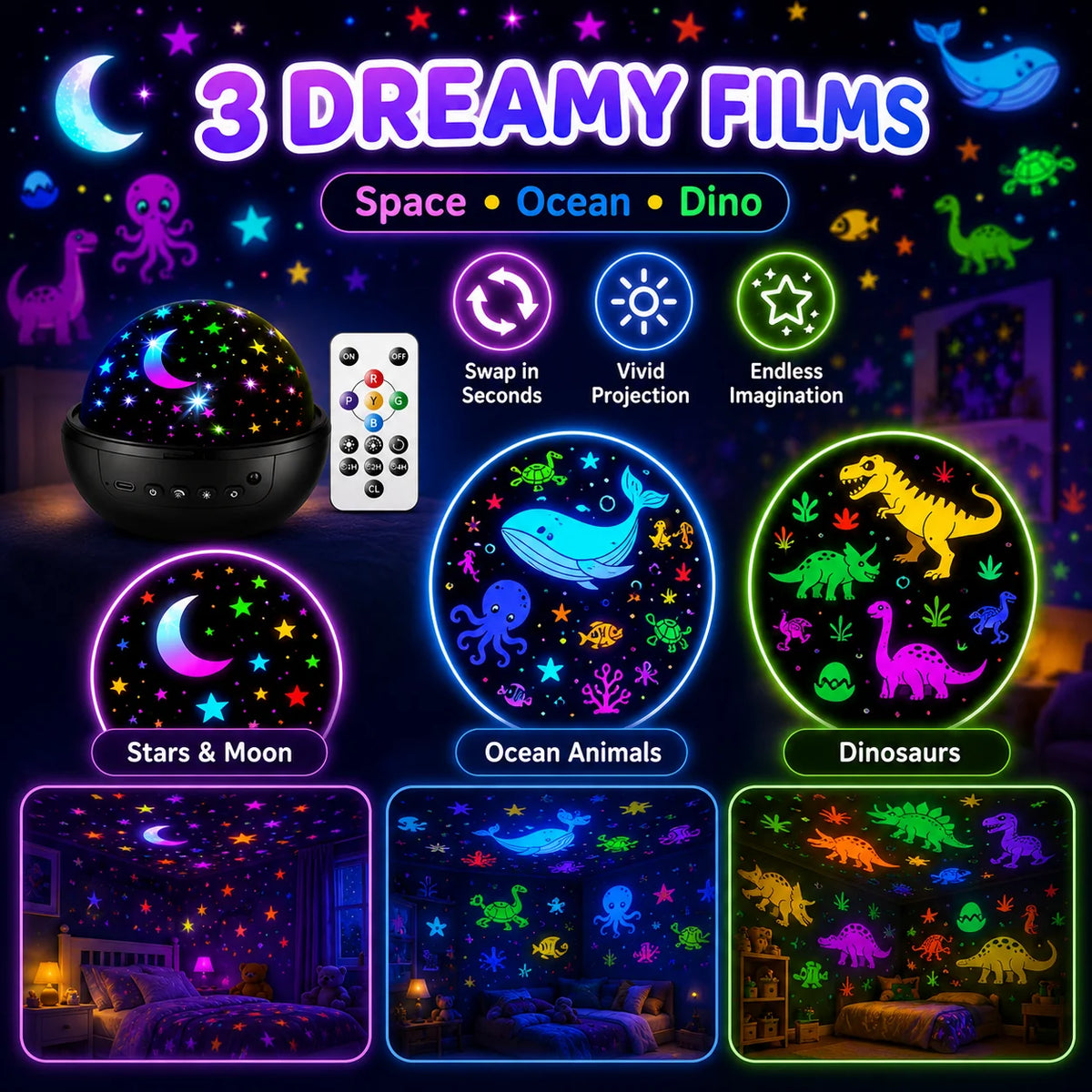 Decorative Kids Star Projector Night Light – 93 Effects, 3 Films