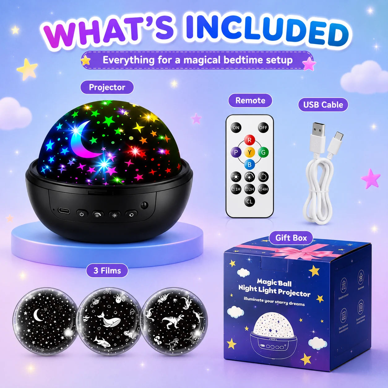 Decorative Kids Star Projector Night Light – 93 Effects, 3 Films