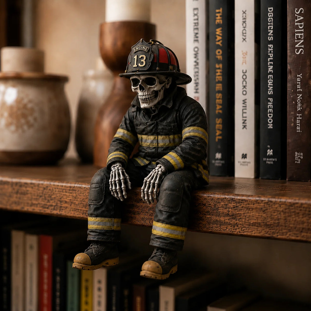 Purpose-Built Firefighter Skeleton Shelf Sitter for Everyday Use
