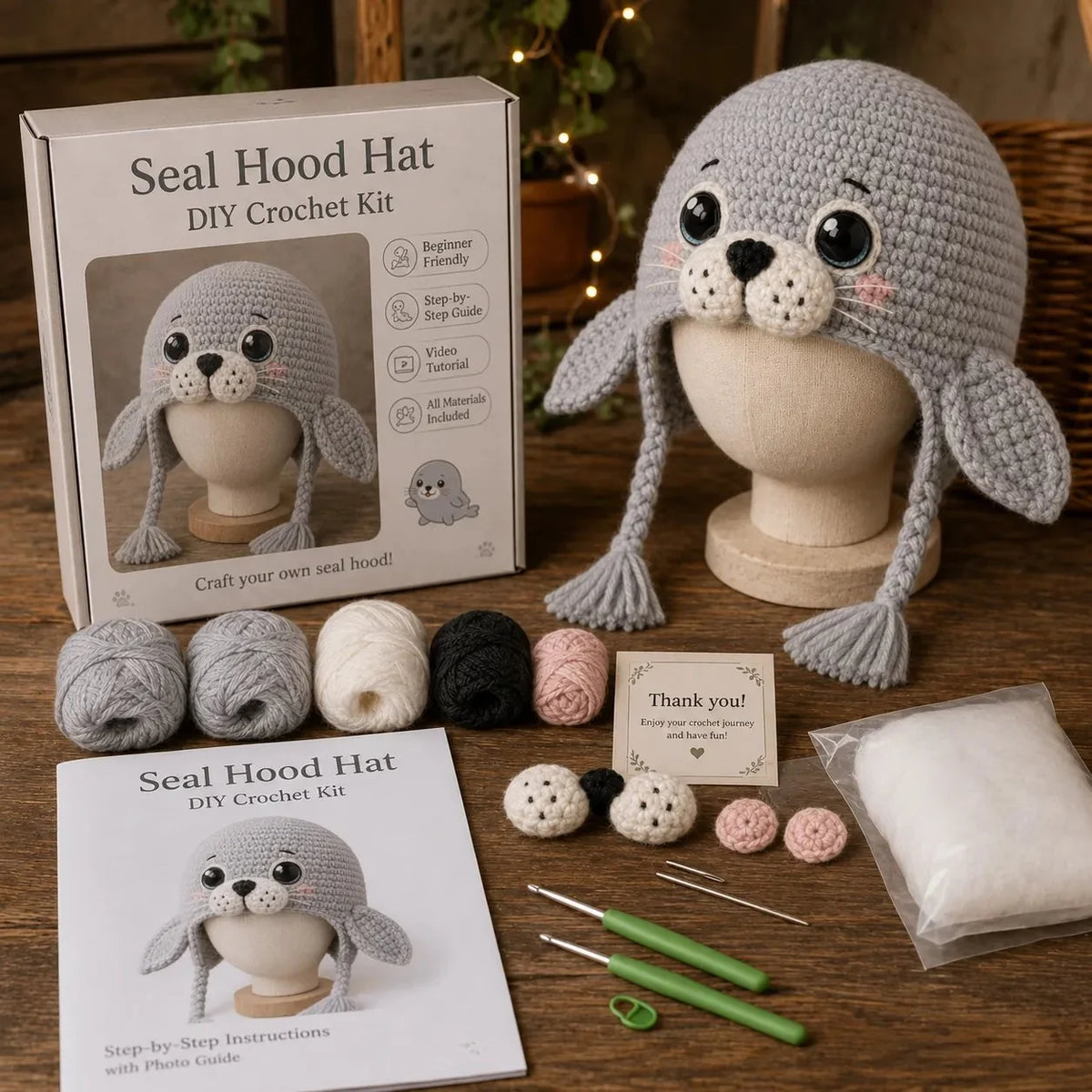 Hands-On Ocean Series Hood Hat DIY Crochet Kit – Soft Yarn Materials