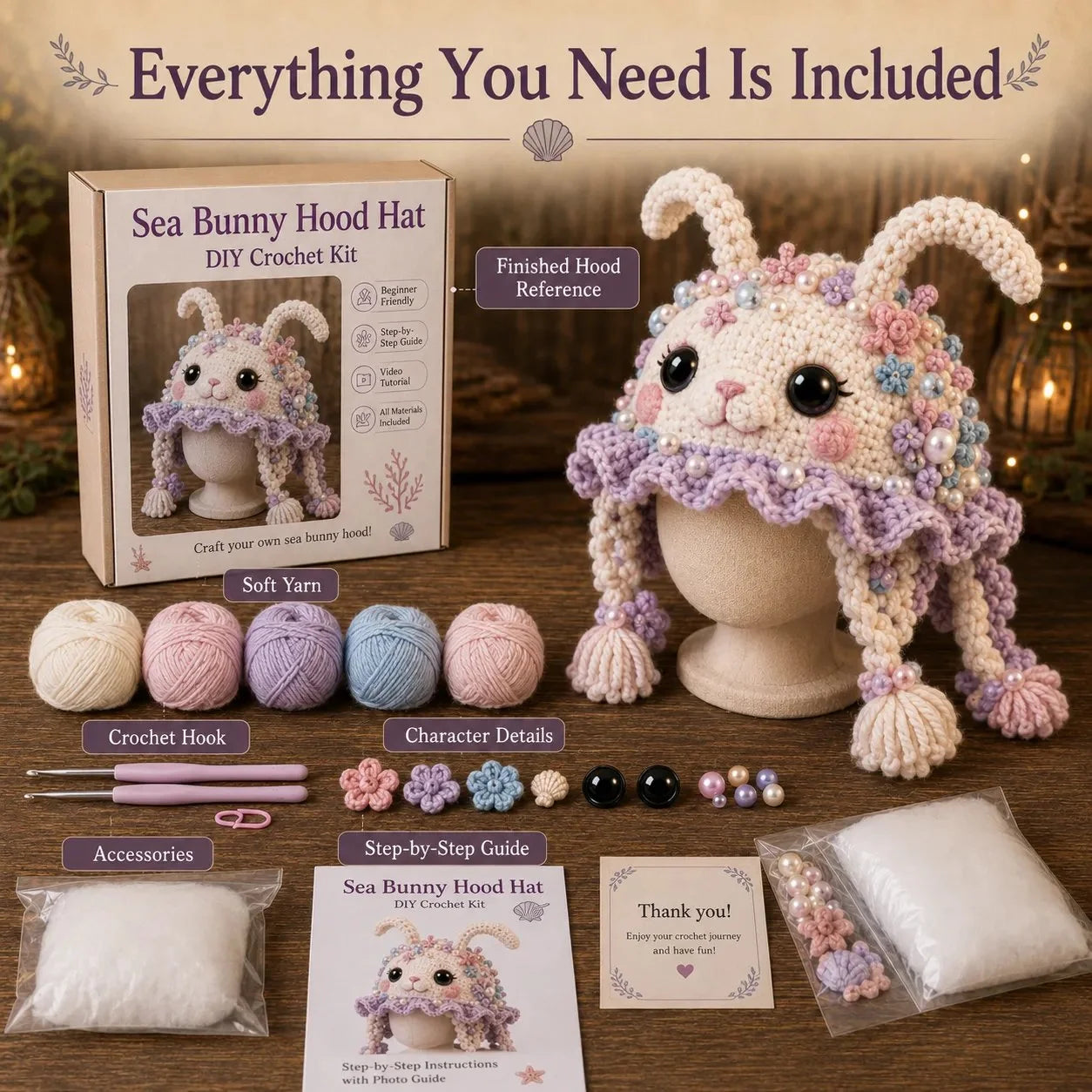 Hands-On Ocean Series Hood Hat DIY Crochet Kit – Soft Yarn Materials