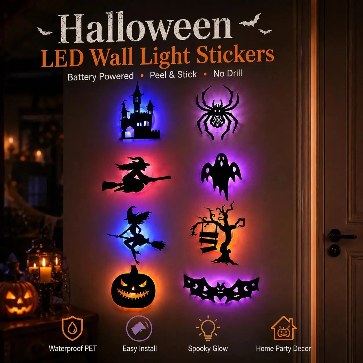 Decorative 8 Pack LED Silhouette Wall Light Stickers, Battery Powered