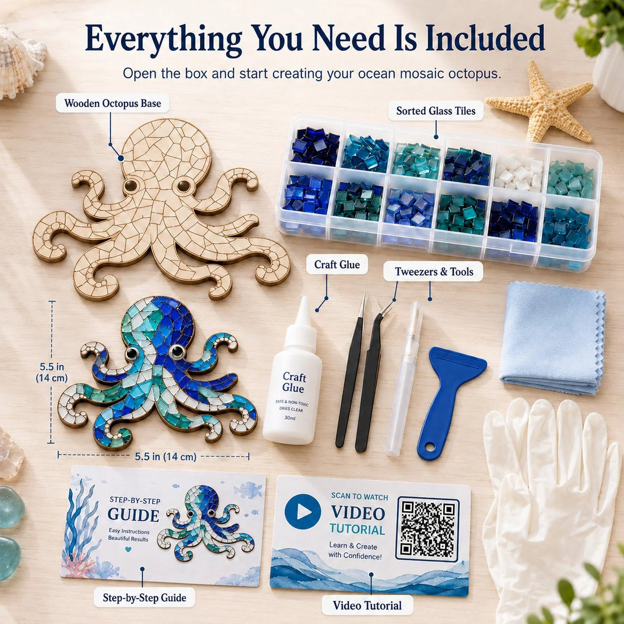 Beginner Octopus Mosaic Kit with Glass Pieces and Step-by-Step Guide