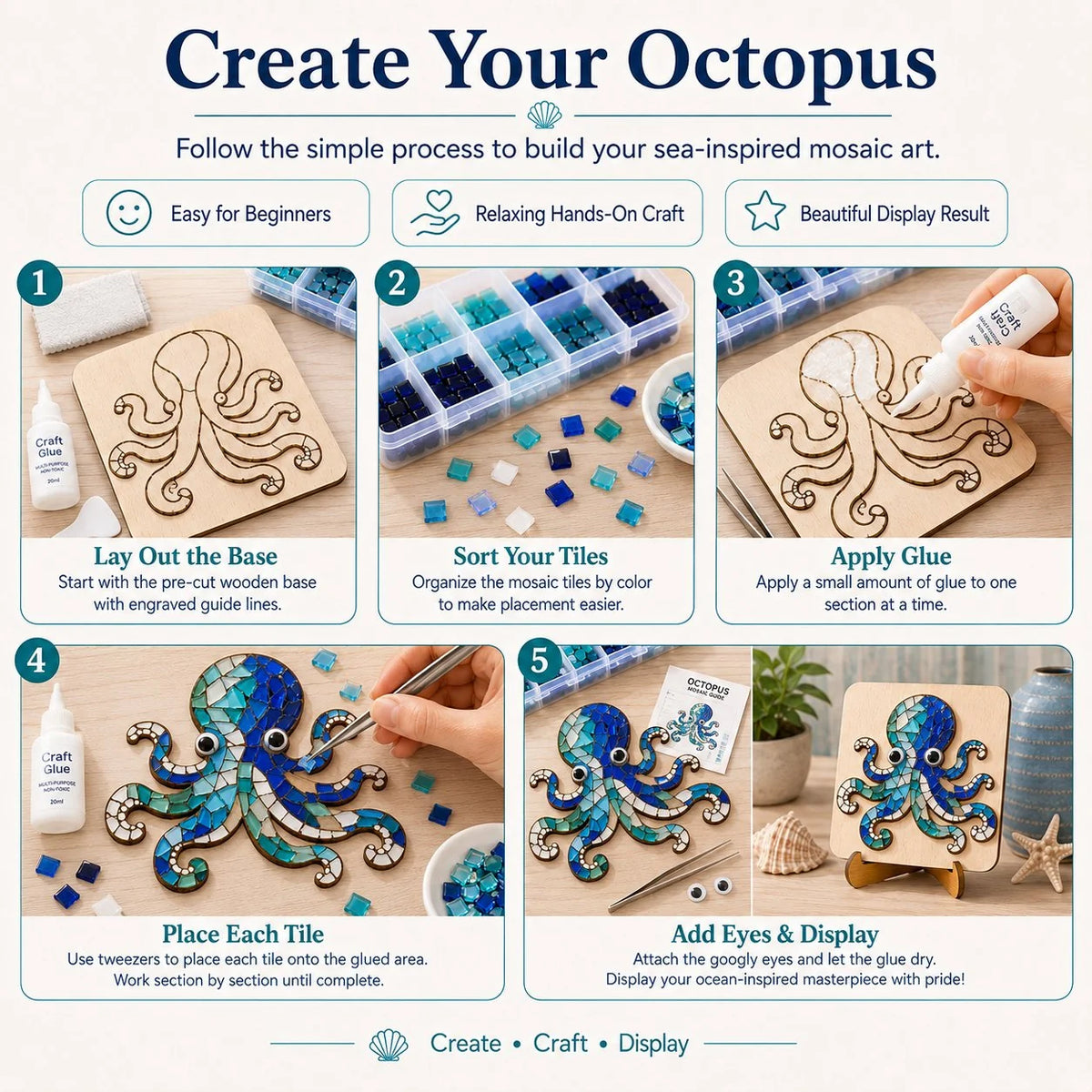 Beginner Octopus Mosaic Kit with Glass Pieces and Step-by-Step Guide