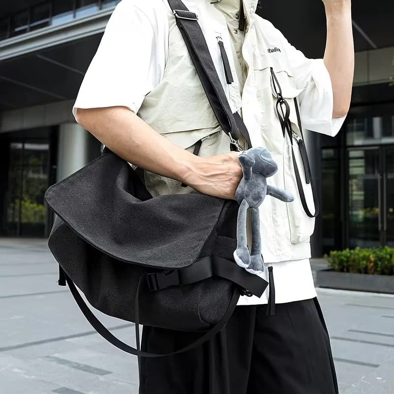 Men's Plain Canvas Crossbody Bag with Embroidered Frog Detail