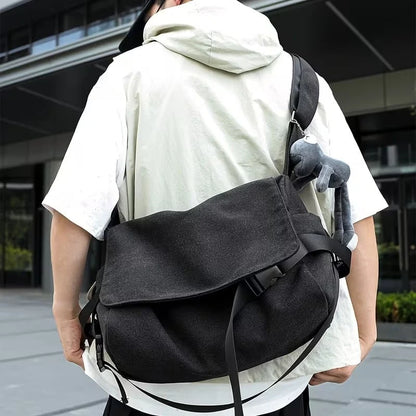 Men's Plain Canvas Crossbody Bag with Embroidered Frog Detail