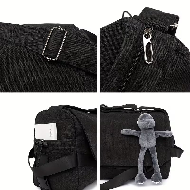 Men's Plain Canvas Crossbody Bag with Embroidered Frog Detail