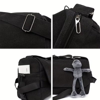 Men's Plain Canvas Crossbody Bag with Embroidered Frog Detail