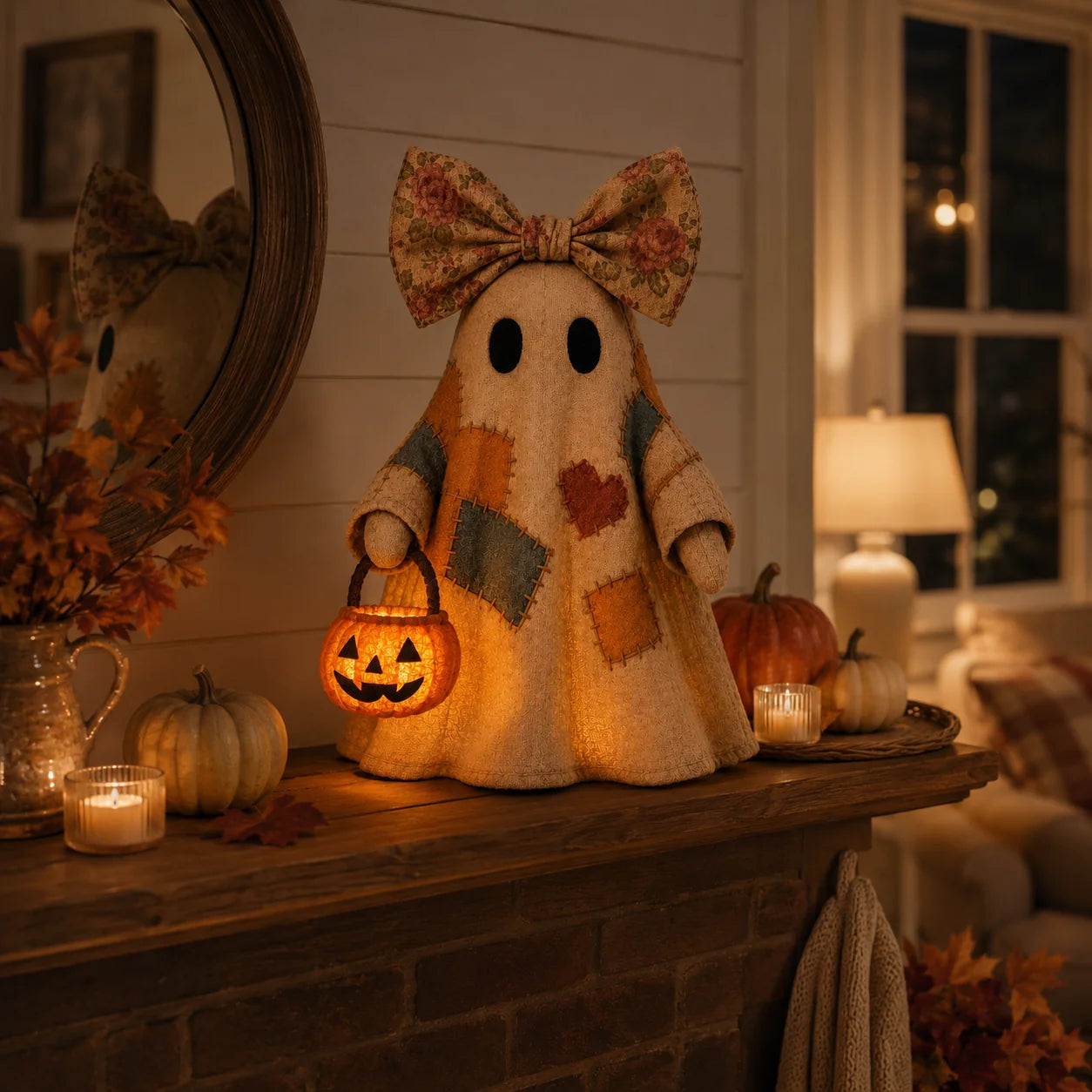 Vintage Patchwork Ghost Decor with Lighted LED Pumpkin Lantern