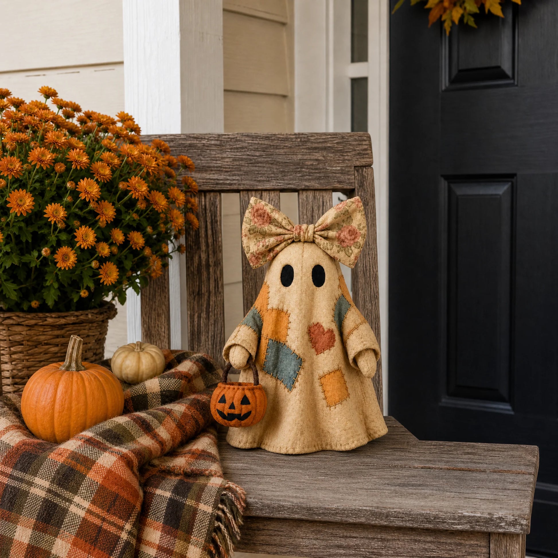 Vintage Patchwork Ghost Decor with Lighted LED Pumpkin Lantern