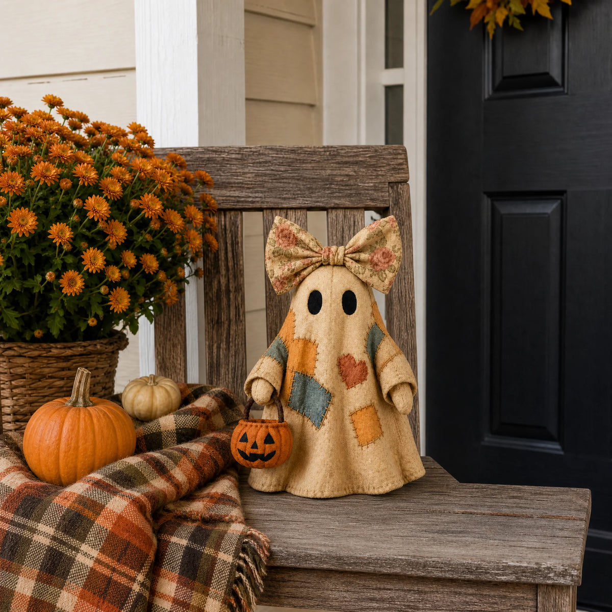 Vintage Patchwork Ghost Decor with Lighted LED Pumpkin Lantern