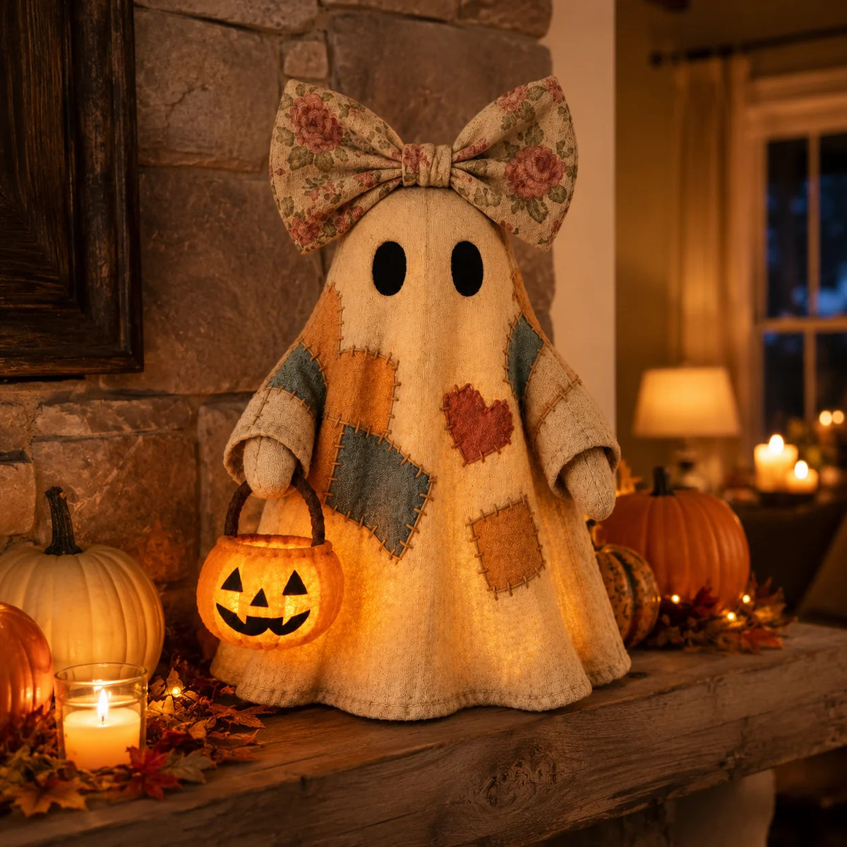 Vintage Patchwork Ghost Decor with Lighted LED Pumpkin Lantern