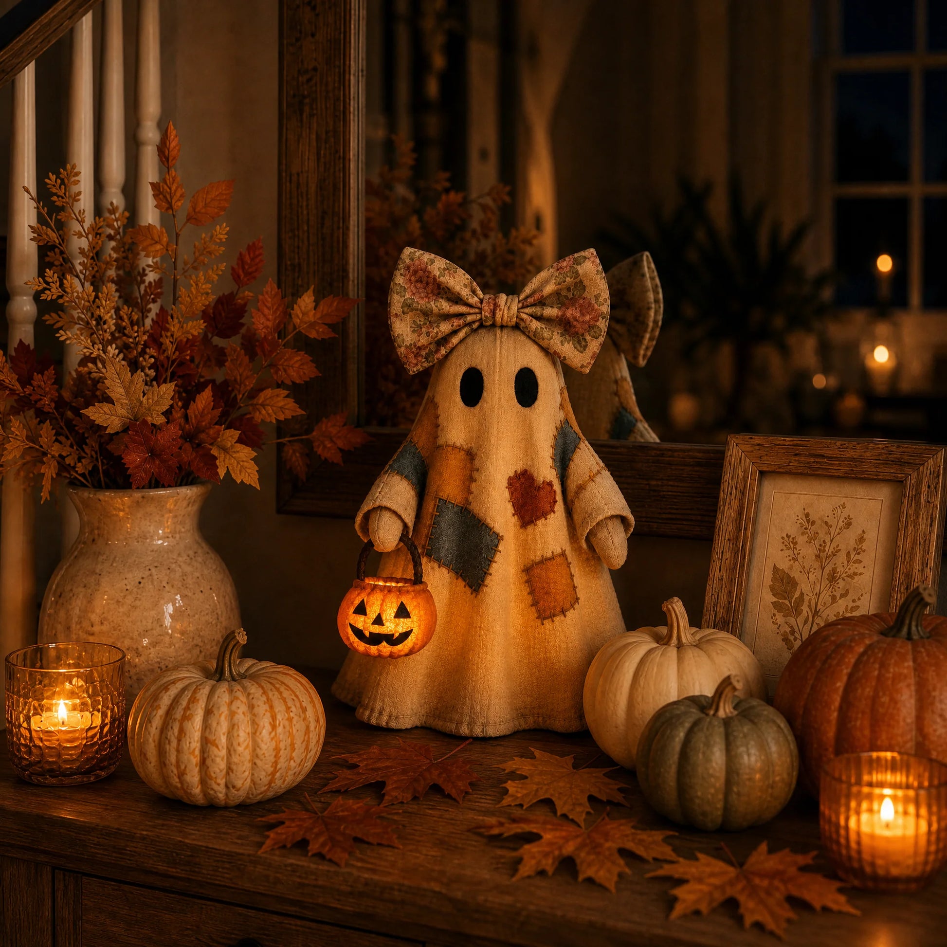 Vintage Patchwork Ghost Decor with Lighted LED Pumpkin Lantern