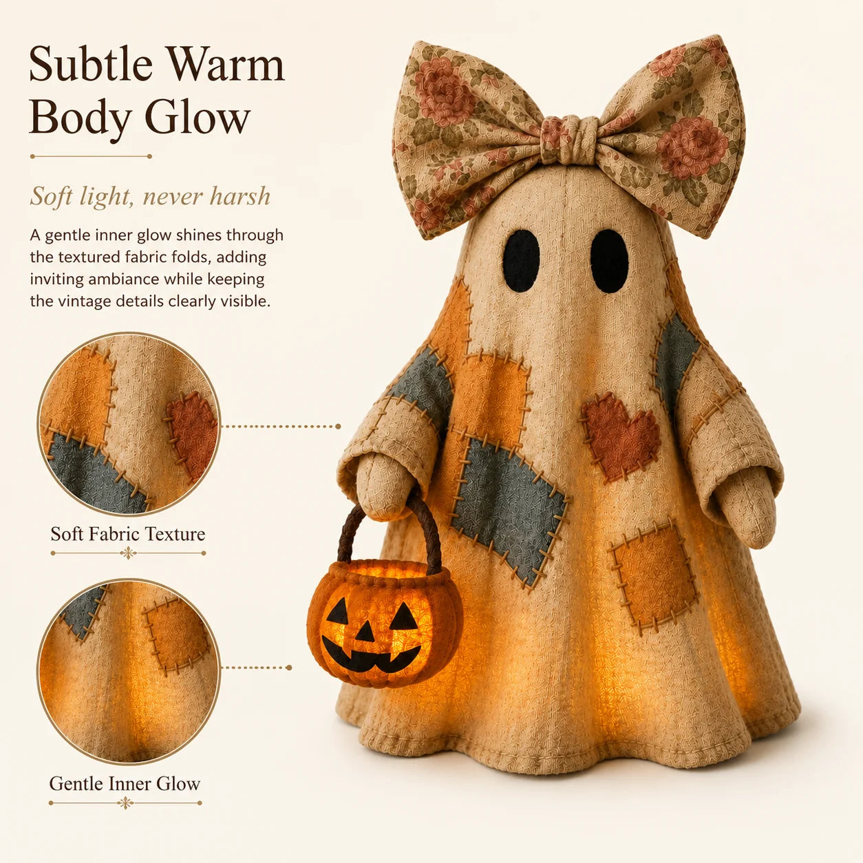 Vintage Patchwork Ghost Decor with Lighted LED Pumpkin Lantern
