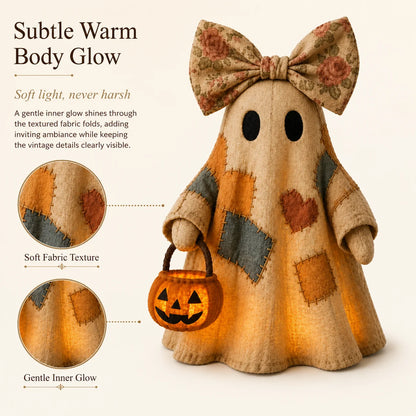 Vintage Patchwork Ghost Decor with Lighted LED Pumpkin Lantern