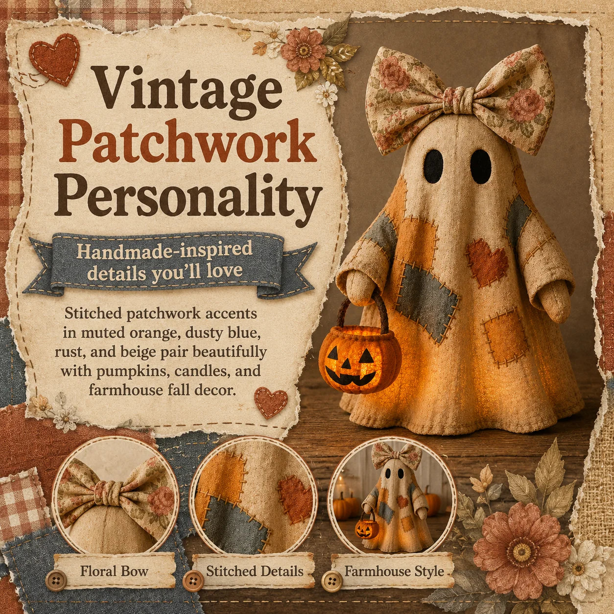 Vintage Patchwork Ghost Decor with Lighted LED Pumpkin Lantern