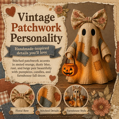 Vintage Patchwork Ghost Decor with Lighted LED Pumpkin Lantern