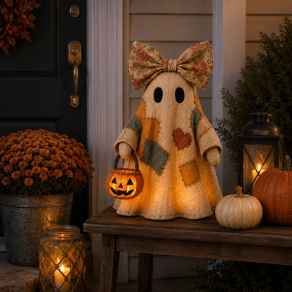 Vintage Patchwork Ghost Decor with Lighted LED Pumpkin Lantern