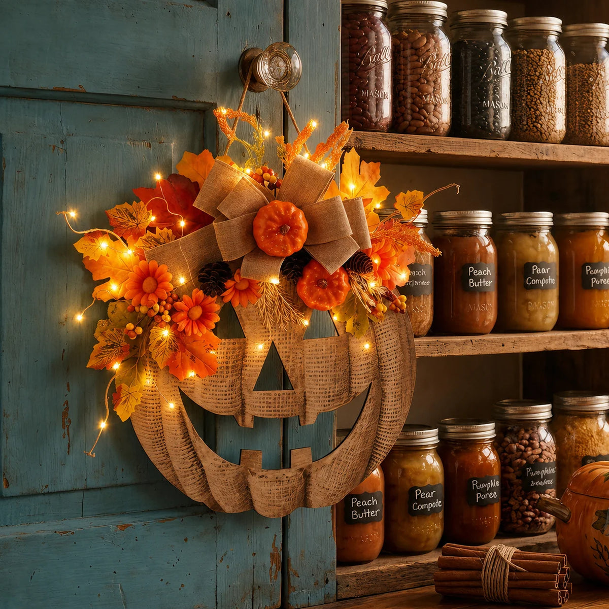 Decorative Lighted Burlap Pumpkin Wreath for Focused Lighting