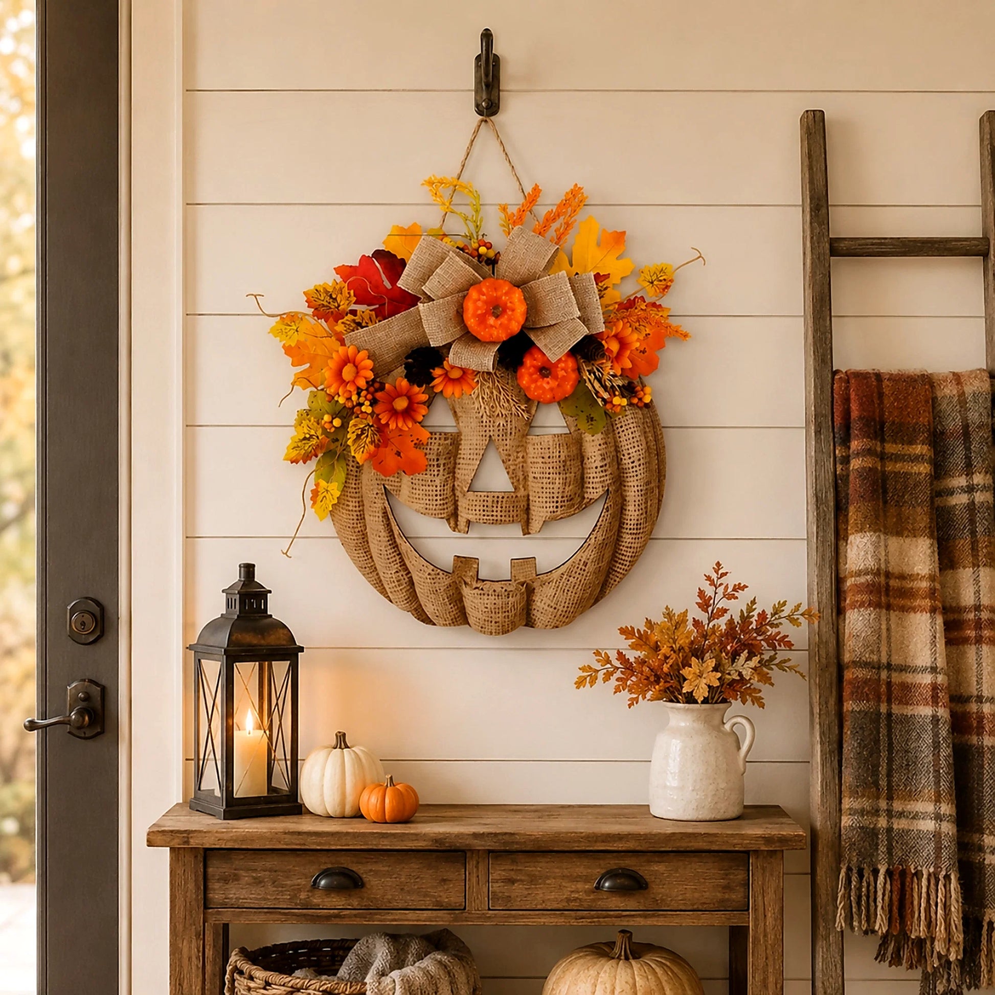 Decorative Lighted Burlap Pumpkin Wreath for Focused Lighting