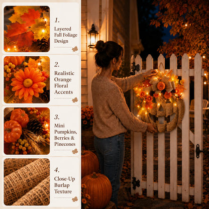 Decorative Lighted Burlap Pumpkin Wreath for Focused Lighting