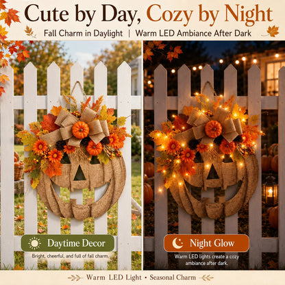 Decorative Lighted Burlap Pumpkin Wreath for Focused Lighting