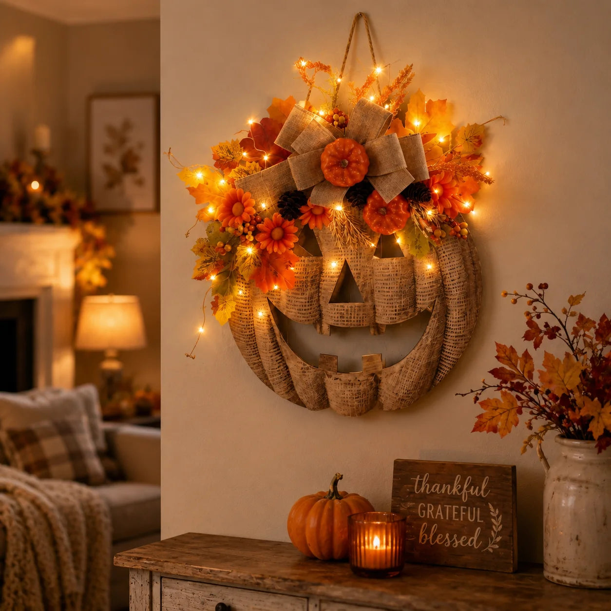 Decorative Lighted Burlap Pumpkin Wreath for Focused Lighting