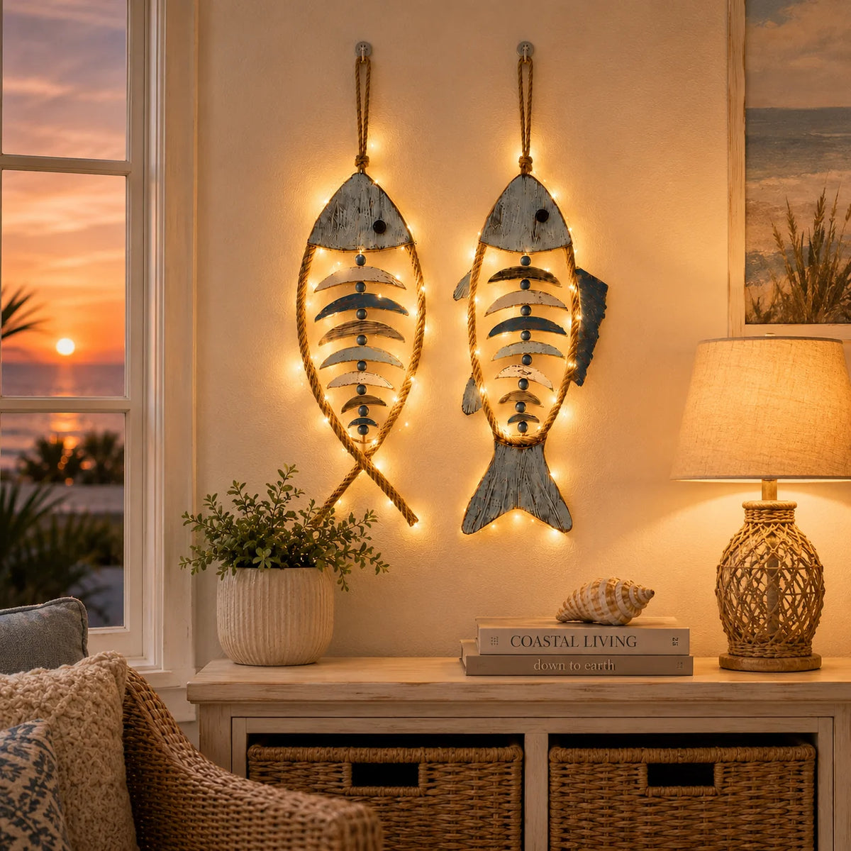 Decorative Lighted Coastal Rope Fish Wall Hanging for Focused Lighting