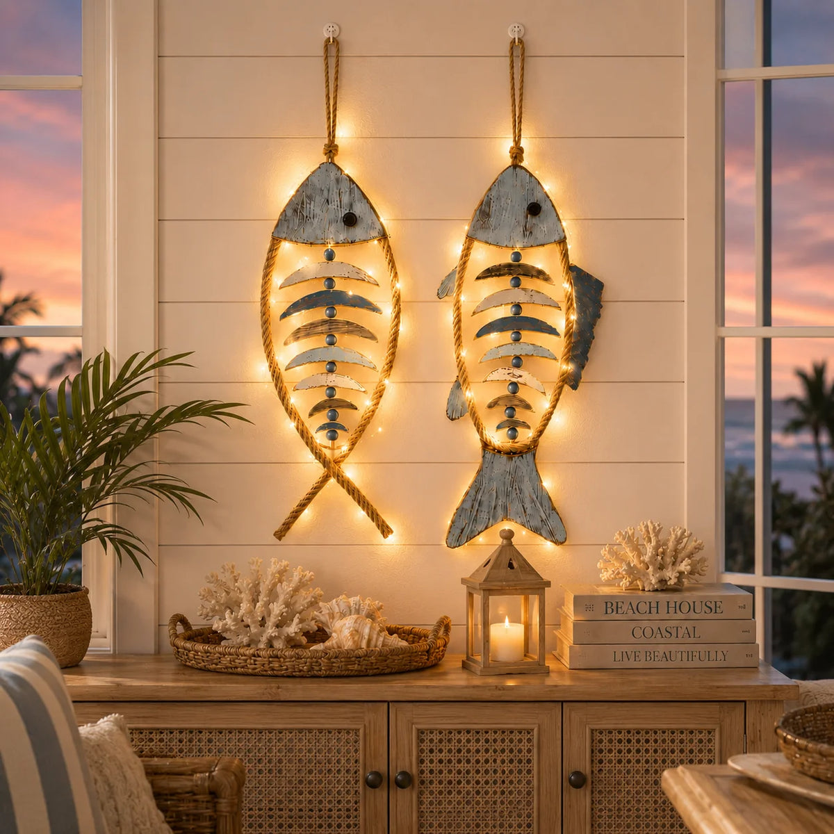 Decorative Lighted Coastal Rope Fish Wall Hanging for Focused Lighting