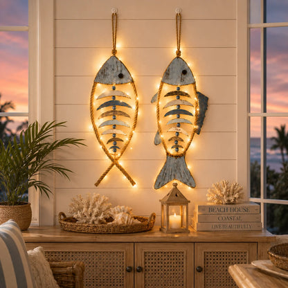 Decorative Lighted Coastal Rope Fish Wall Hanging for Focused Lighting