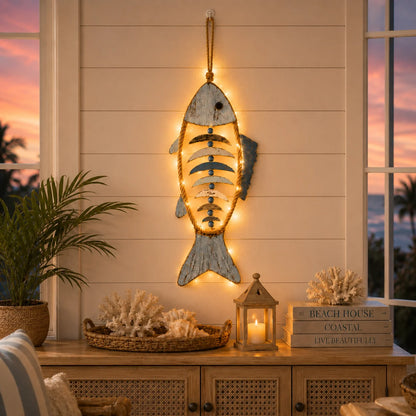 Decorative Lighted Coastal Rope Fish Wall Hanging for Focused Lighting