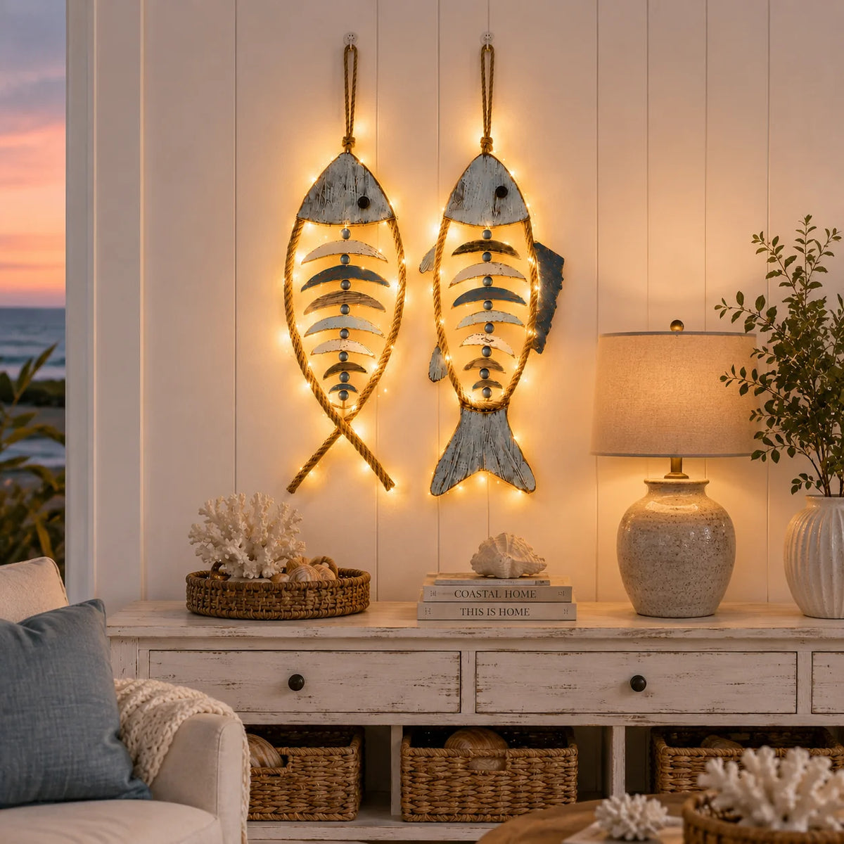 Decorative Lighted Coastal Rope Fish Wall Hanging for Focused Lighting