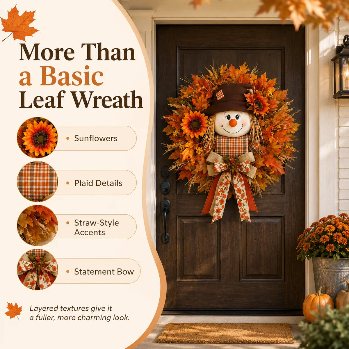 Illuminated Scarecrow Wreath for an Autumn Front Door