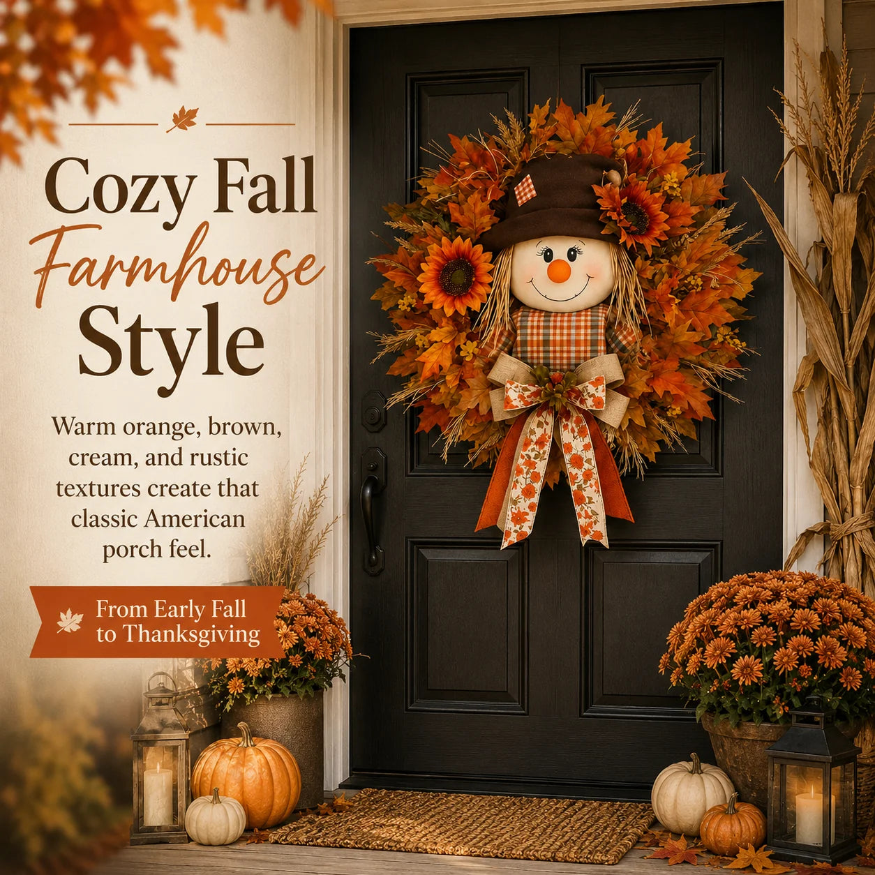 Illuminated Scarecrow Wreath for an Autumn Front Door