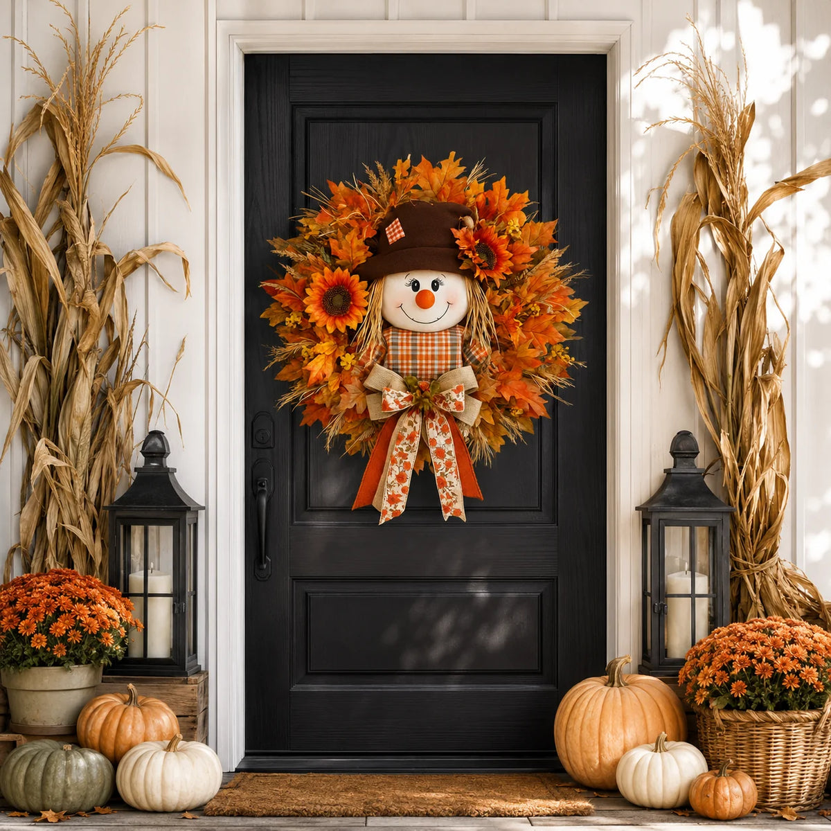 Illuminated Scarecrow Wreath for an Autumn Front Door
