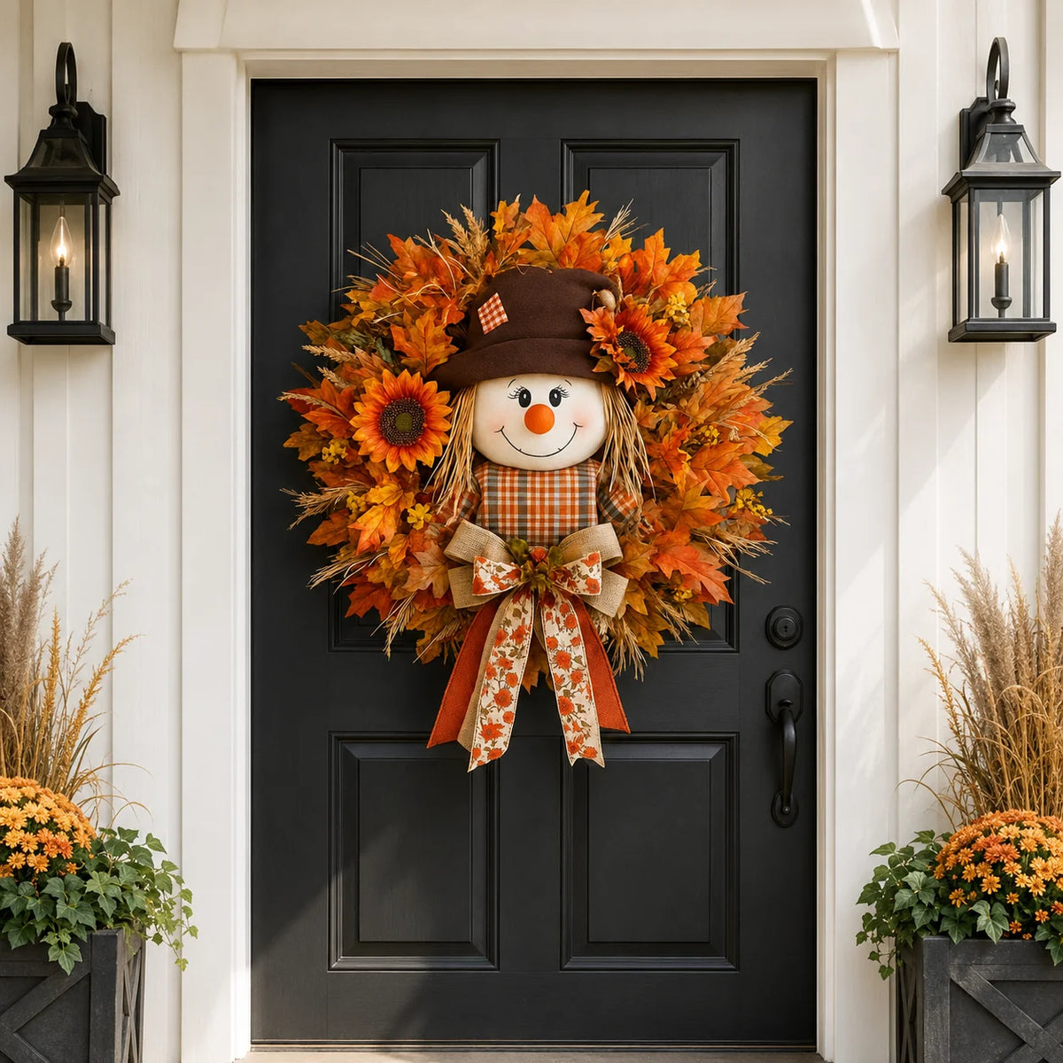 Illuminated Scarecrow Wreath for an Autumn Front Door