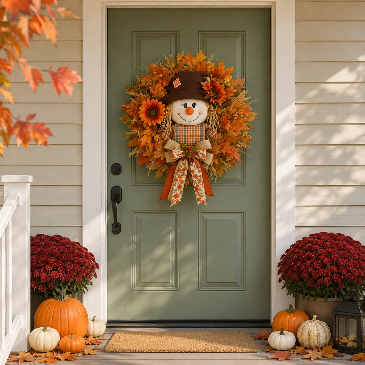 Illuminated Scarecrow Wreath for an Autumn Front Door