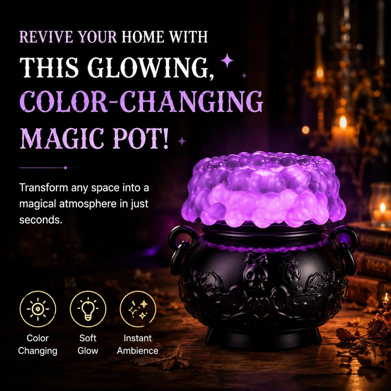 Color-Shifting Cauldron Water Globe with Three-Candle Base