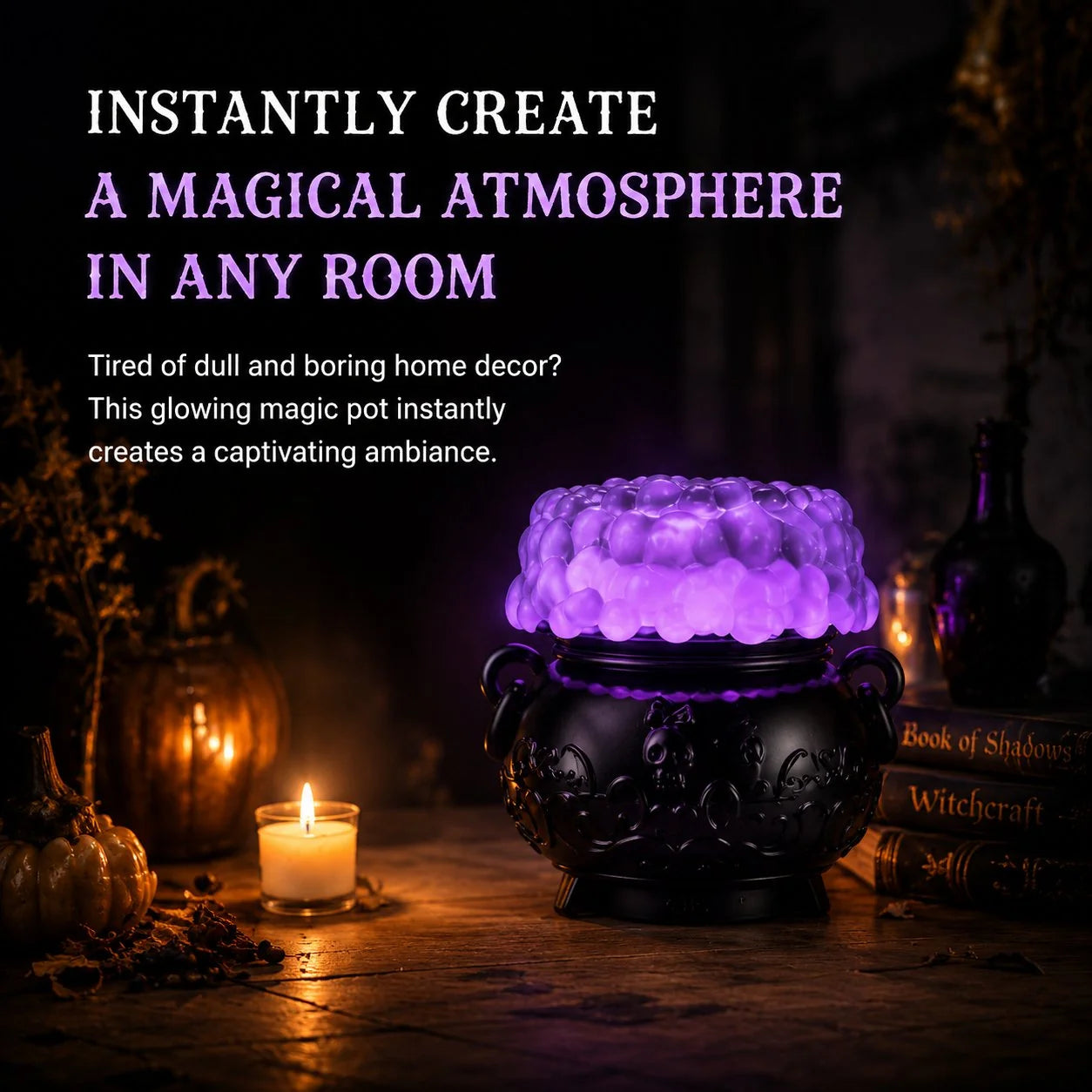 Color-Shifting Cauldron Water Globe with Three-Candle Base