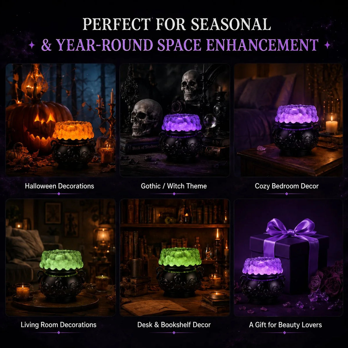 Color-Shifting Cauldron Water Globe with Three-Candle Base