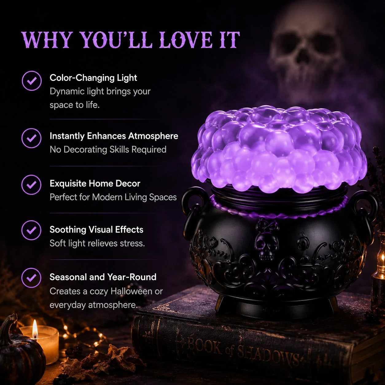 Color-Shifting Cauldron Water Globe with Three-Candle Base